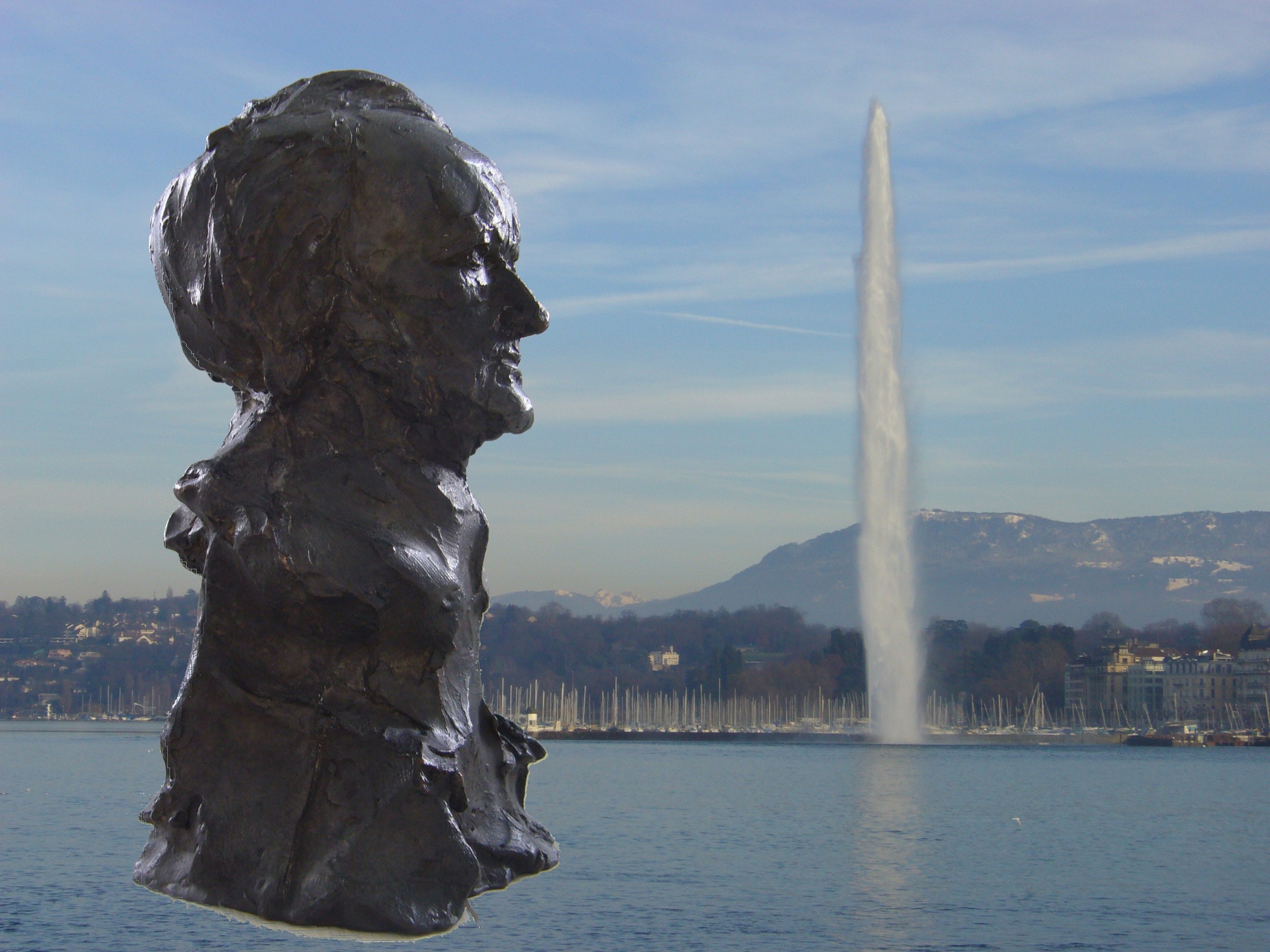 Montage: Buste de Richard Wagner devant le jet d'eau de Genève